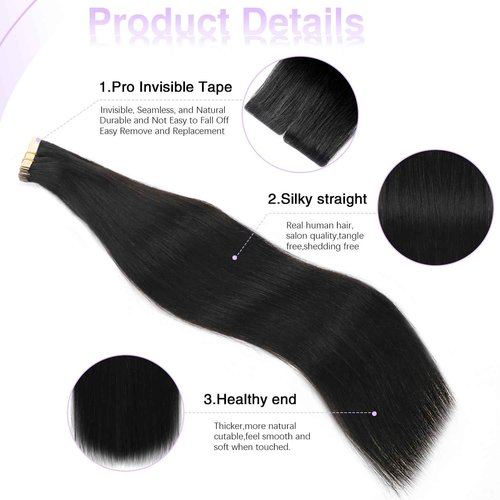 Liqusee Invisible Tape In Hair Extensions Human Hair Natural Black 20 inch 20pcs 50g/Pack Seamless Invisible Straight Tape ins Human Hair Extensions for Women