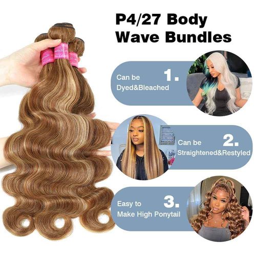 Brown Highlight Body Wave Bundles Human Hair 100% Unprocessed Brazilian Virgin Hair Honey Blonde Human Hair Body Wave Bundles Hair Extensions Wet and Wavy 3 Bundles for Black Women