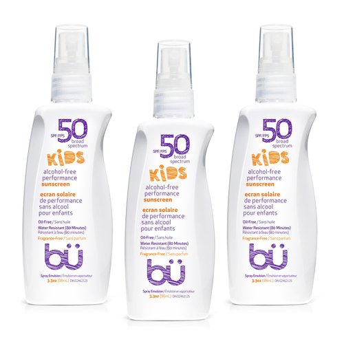 BU SPF 50 Fragrance Free Kids Sunscreen Spray for Face and Body, TSA Travel Size Sunscreen, Clear Non Aeorsol Spray, Non Greasy, Water Resistant and Oil Free, 3.3 oz (3-pack)