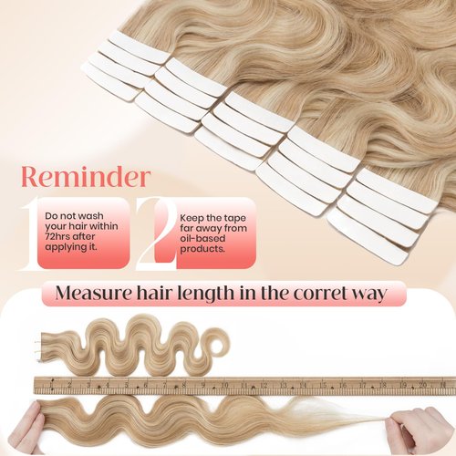Elailite Wavy Tape in Hair Extensions Human Hair Body Wave Real Remy Hairpieces Ash Blonde & Bleach Blonde 20 Inch 50g 20pcs Invisible Seamless Skin Weft Best Tape for Women