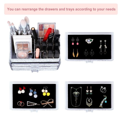 KEYPOWER Makeup Organizers Drawer Bling Diamond,Fashion Countertop Jewelry Cosmetic Storage Display Boxes,Makeup Brush Holder, Cosmetic Holder,2 Pieces Set(Purely Handmade)(White)