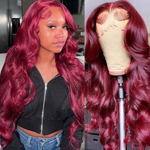 Burgundy Body Wave Human Hair Wigs Glueless Lace Front Wig 150% Density Pre Plucked Hair for Black Women (16inch, 13x4 lace front wig)