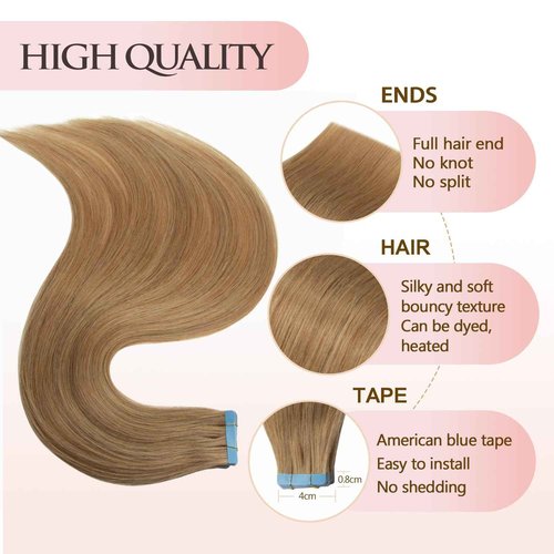 AGMITY Tape in Hair Extensions Human Hair 16 inches #27 Honey Blonde 20pcs 40g/pack Straight Seamless Hair Extensions Tape in Human Hair(16 inches #27 Honey Blonde)