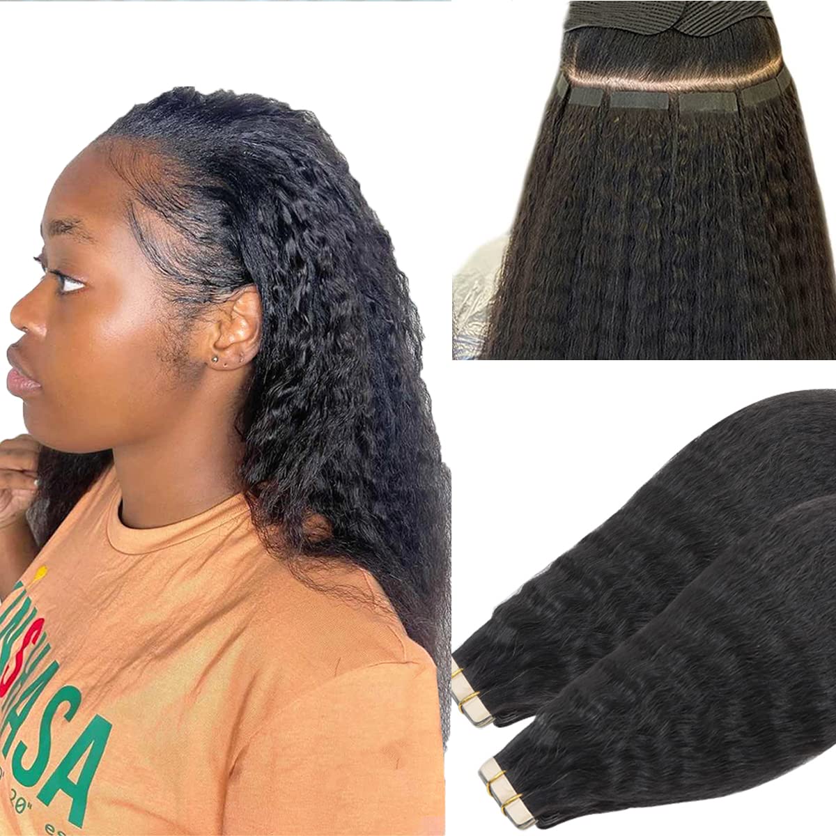 MY SHINY WIGS Kinky Straight Tape In Hair Extensions Human Hair Black Women Natural Black 40 Pcs 100g/Pack Seamless Skin Weft Real Human Hair Tape in Extensions 20 Inch