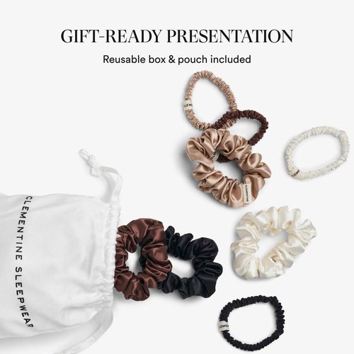 Clementine Sleepwear Organic Silk Scrunchie Set Ice Cream | 4 Skinny and 4 Midi Scrunchies Made with GOTS Certified Silk for Gentle, Frizz-Free Styling