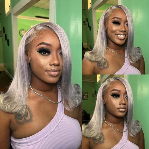Bestvivid Dark Grey HD Lace Bob wig Straight Human Hair 10inch Pre Plucked Short Cut Peruvian Virgin Hair 180% Density Glueless Gray Bob Wig 13x4 Transparent Lace Middle Part for Black Women