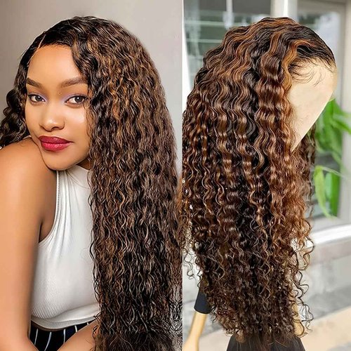 Vlusee 1B/30 Deep Wave Lace Front Wigs Human Hair Pre Plucked Balayage Ombre Brown Curly Lace Front Wig Human Hair13x4 HD Lace Frontal Glueless Wigs for Women 180% Density 26 Inch