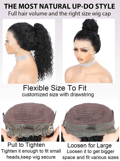 eool Hidden Strap 360 Drawstring Full Lace Front Wigs Human Hair Pre Plucked 200 Density Deep Wave 360 Invisible Drawstring Glueless Wet And Wavy HD Lace Front Wig Human Hair For Black Women 16 Inch