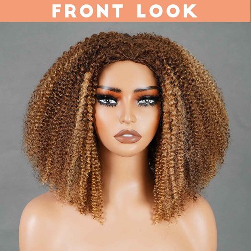 Domiso Honey Blonde Afro Kinky Curly 3 In 1 Half Wig with Drawstring Highlight 4/27 Kinky Curly Flip Over Glueless Wig Headband Wig Elastic Band Clip in Human Hair Bob Wig 14 Inch