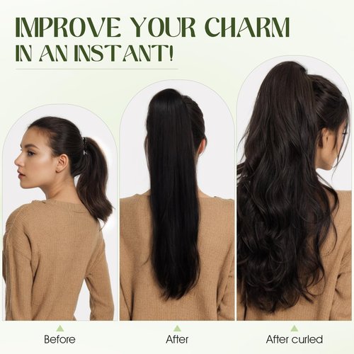 Charites Ponytail Extension, 16 Inch Claw Clip Ponytail Extension Human Hair Long Straight Jaw Clip in Real Hair Pony Tails Hairpieces for Women Natural Black