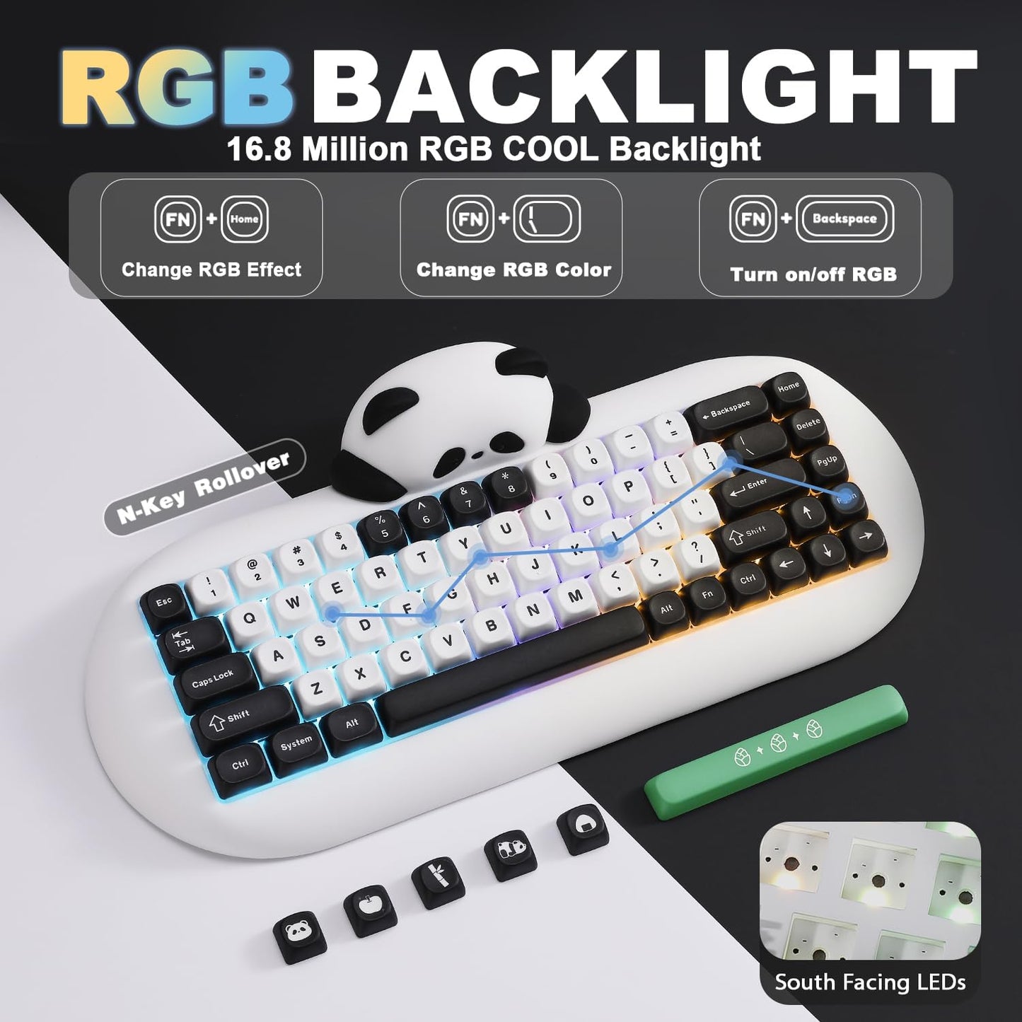 YUNZII C68 Panda Wireless Mechanical Gaming Keyboard, 68 Keys Cute Layout with PBT Keycaps,RGB Backlit, Hot Swappable,Creamy Switches,BT5.0/2.4G/Wired for Win/Mac(Black,Panda Switch)