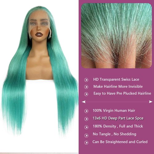 Ubetta Glueless Transparent 13x6 Lace Front Wigs Human Hair Pre Plucked 18 Inch Colored Aquea Blue Wig Human Hair 180% Density HD Straight Lace Front Wigs for Women