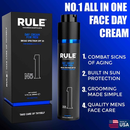 RULE COSMECEUTICALS No.1 Day Cream for Men, 10-in-1 Anti-Aging Face Moisturizer to Reduce Wrinkles & Dryness, SPF 20, Collagen, Vitamins B, C & E - Normal & Dry Skin - No Menthol, 50 mL