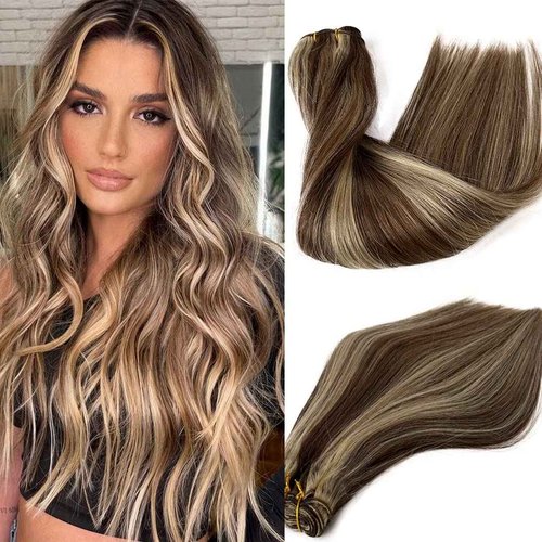 Blonde Highlights Sew in Human Hair Extensions Full Head Weft Extensions 22 Inch 120gram Thick End Sew in Weft Hair Silky Straight Brown with Blonde Highlight Remy Hair Balayage Bundles for Women