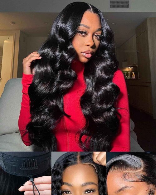 Pobokix Glueless Wigs Human Hair Pre Plucked Pre Cut 250 Density 7x6 Lace Front Wigs Body Wave Closure Wigs For Women 100% Human Hair #1B Natural Black 20inch