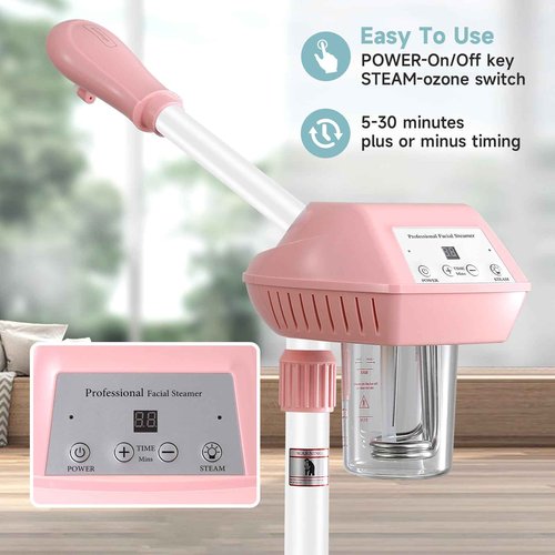 Professional Facial Steamer, Face Steam on Wheels, Estheticians Steamer with More Steam for Moisturizing and Hydration, Adjustable Height and Angle for Spa Beauty, Home Use, Pink