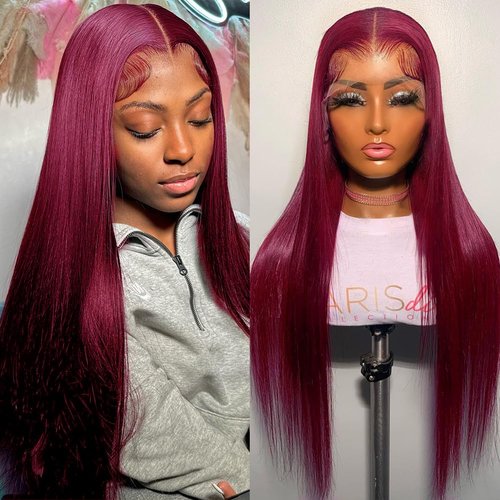 Azkiu 32 Inch 99J Burgundy Lace Front Wigs Human Hair 13x4 Straight Lace Frontal Wigs Human Hair Pre Plucked Wine Red Colored Straight Wig Human Hair Red Wig for Women 150% Density