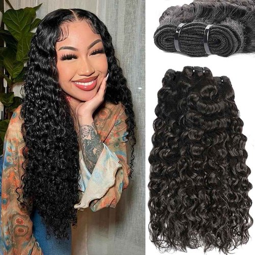 Brazilian Water Wave Bundles 100% Unprocessed Virgin Human Hair(16 18 20 inch) Water Curly Weave Bundles Human Hair Weft Double Strong Weft Natural Black for Women