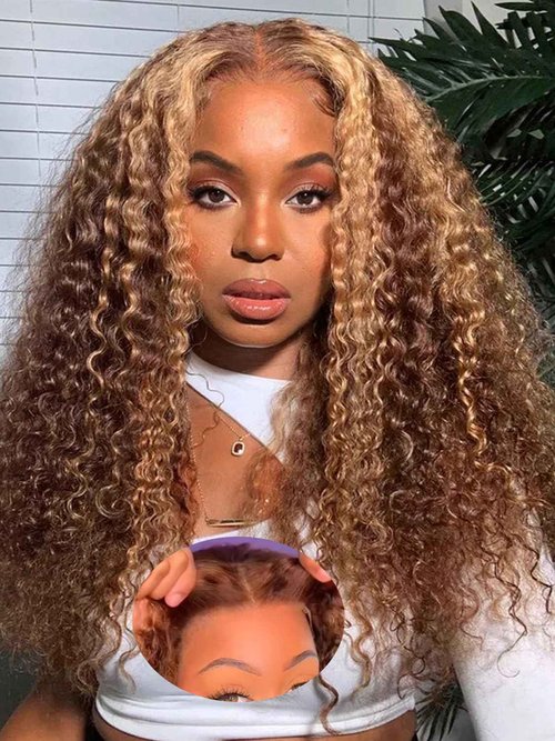 BGM GIRL Highlight Glueless Wig Human Hair 7x5 HD Lace Water Wave Wig 4/27 Color 180% Density Pre Plucked Invisible Knots Pre Cut Lace Wear Go Deep Wave Wigs for Women Beginner Friendly 16 Inch