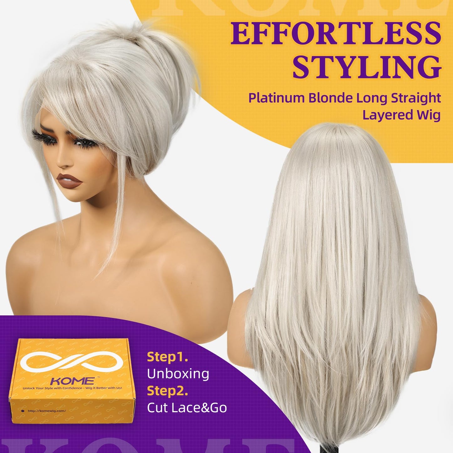 KOME Platinum Blonde Synthetic Lace Front Wig,13X6 Long Straight Layered Glueless Wigs for Women Daily Use 22IN