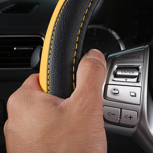 Leather Car Steering Wheel Cover, Non-Slip Car Wheel Cover Protector Breathable Microfiber Leather Universal Fit for Most Cars (Black&Yellow)