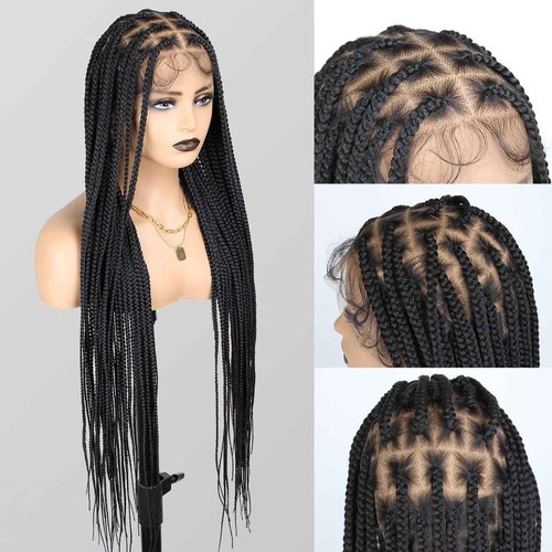 QUISDUIS 36 Inch Full Lace Braided Wigs for Black Women, 360° HD Single-layer Square Knotless Box Braid Wig with Baby Hair Handmade Synthetic Hair Blended Lace Front Wig Natural Black