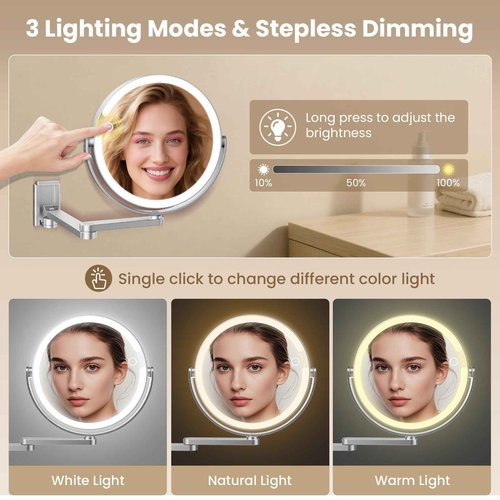 FRANO Wall Mounted Makeup Mirror with Lights, 8-inch 20X/1X Magnifying Mirror, Rechargeable LED Vanity Mirror with 3 Color Lights, 360° Swivel & Extendable Arm