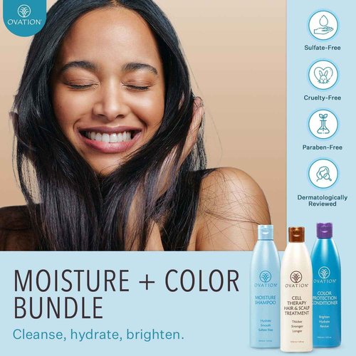 Ovation Hair 3-Step Bundle for Dry, Color-Treated Hair - with Moisture Shampoo, Cell Therapy Hair Growth & Healthy Scalp Treatment, Color Conditioner - Brighten, Nourish, & Hydrate Dyed/Bleached Hair