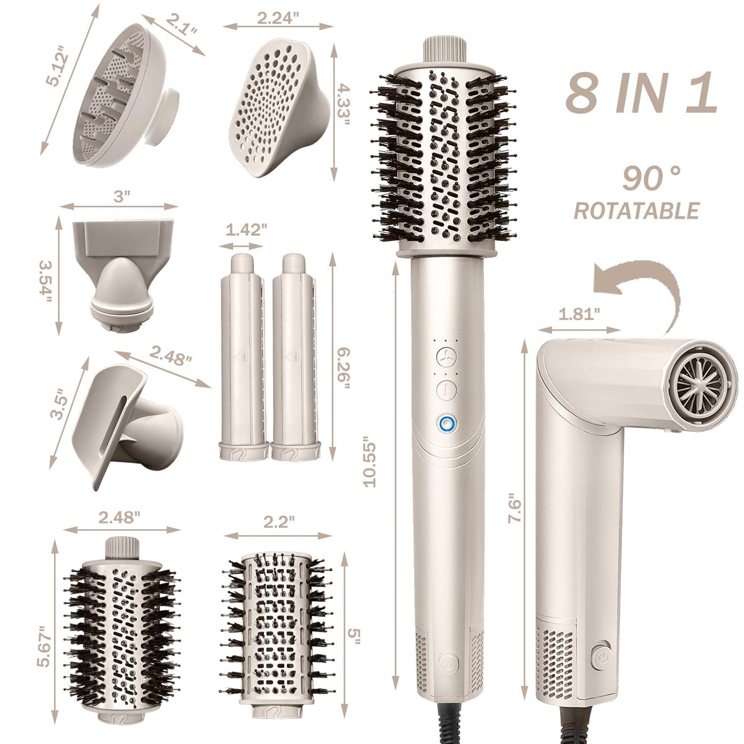 Professional Hair Dryer, Powerful 8 in 1 Hair Blow Dryer with 110,000 RPM High-Speed Negative Ionic Automatic Curling Iron, with Hot Air Brush, Multi-Styler, Magnetic Diffuser, Nozzle for Women