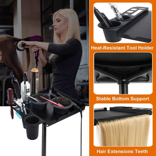 BFECGDXT Salon Tray Attached to Chair, 360° Swivel Adjustable Black Salon Chair Tray with Hair Separator, Metal Barber Chairs Tray for Tattoo Tools, Make-ups and Spa