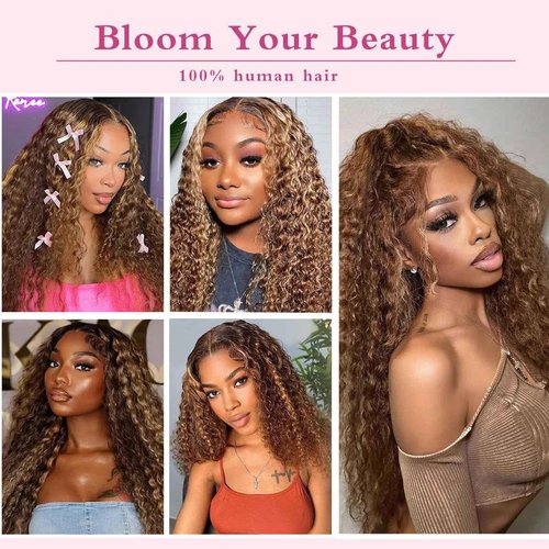 Alidiamond 16Inch Highlighted Deep wave Lace Front Wig Human Hair Honey Blonde Highlight Deep Wave Wigs Human Hair 4/27 Curly Highlighted Wig for Black Women Pre-Plucked 180% Ombre Curly Wigs Glueless