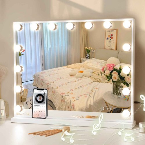 COOLJEEN Vanity Mirror with Lights and Bluetooth, Hollywood Makeup Mirror with 15 Dimmable LED Bulbs and USB Charging, 3 Color Modes Lighted Vanity Mirror, Tabletop/Wall-Mount (Shatterproof Glass)