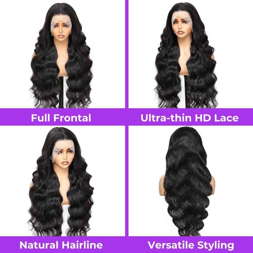 BigBeauty Body Wave Lace Front Wigs Human Hair 13x4 HD Lace Frontal Body Wave Human Hair Wig for Women 180% Density Brazilian Virgin Hair Pre Plucked Glueless Body Wave Wig Natural Black 28inch