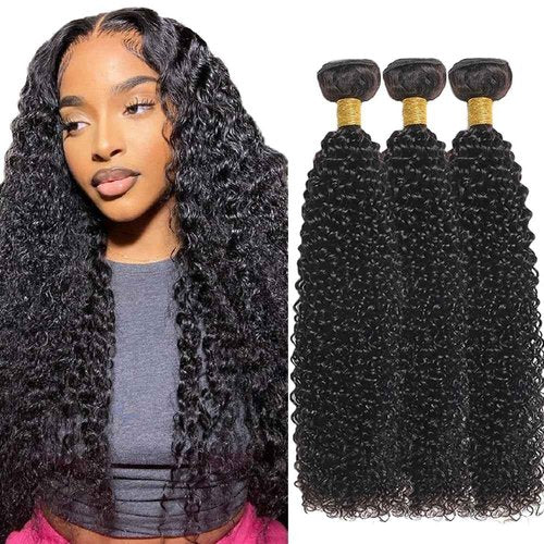 Wahairse Human Hair Bundles 1B Jerry Curly Bundles Natural Color Unprocessed Brazilian Virgin 3 Bundles Quick Weave Human Hair Extensions (1B# Jerry Curly, 22 24 26)