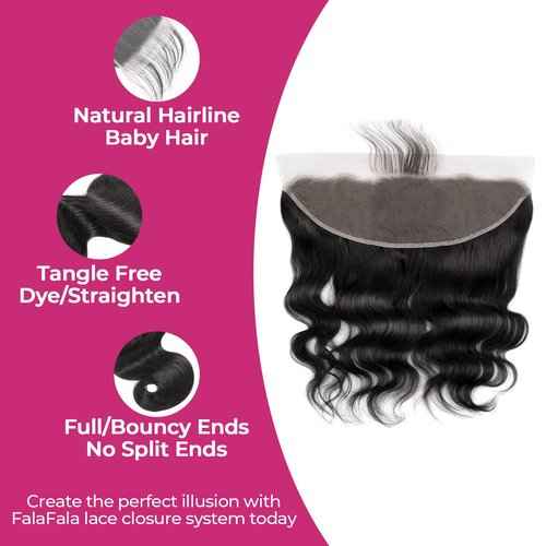 FalaFala REAL Human Hair Body Wave 13x4 Frontal Ear to Ear Swiss Transparent Lace Pre Plucked Virgin Frontals Closure Free Part Melt Invisible with Baby Hair Front Only 18 Inch