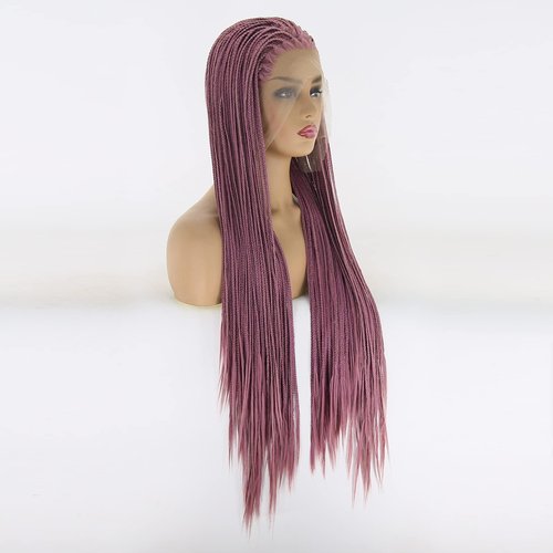 BTWTRY Purple Braided Wig Micro Braided Hair Synthetic Lace Front Wigs for Black Women Heat Resistant Fiber Hair Lavender Box Braids Wig African American Hair (24inch, Purple)
