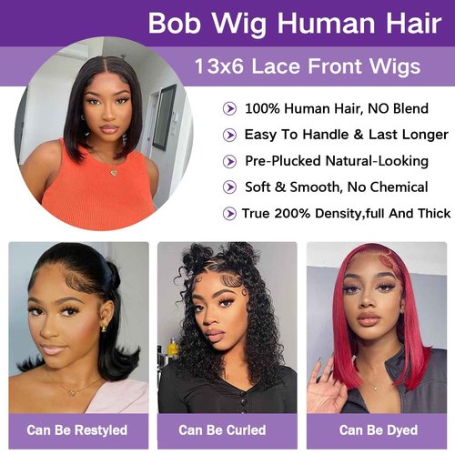 Bob Wig Human Hair 13x6 Frontal Lace Wig Short Straight HD Transparent Lace Front Bob Wigs for Black Women Human Hair Glueless Pre Plucked Hairline with Baby Hair 200% Density Natural Color 16 Inch