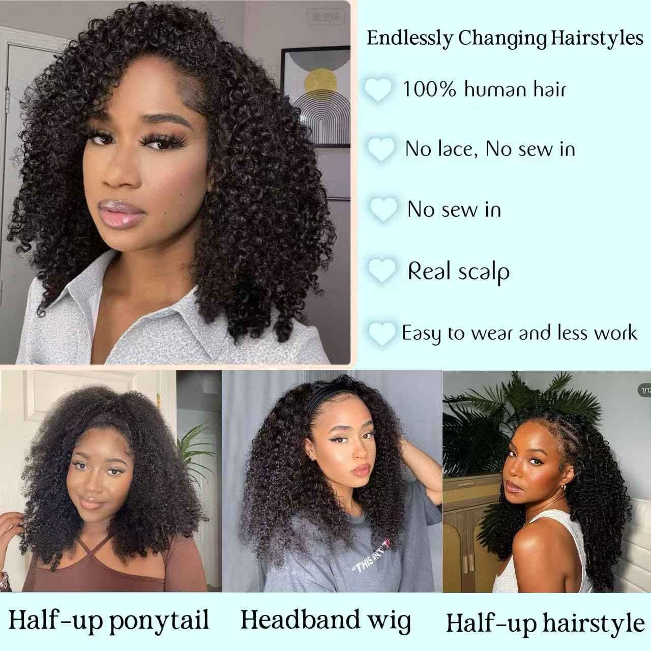 Kinky Curly Half Wig Human Hair Drawstring Seamless Flip Over Half Curly Wig Human Hair Invisible Hairline Glueless Wear and Go Wigs For Black Women Beginner Friendly 20Inch 200% Density