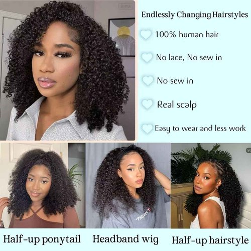 Kinky Curly Half Wig Human Hair Drawstring Seamless Flip Over Half Curly Wig Human Hair Invisible Hairline Glueless Wear and Go Wigs For Black Women Beginner Friendly 18Inch 200% Density