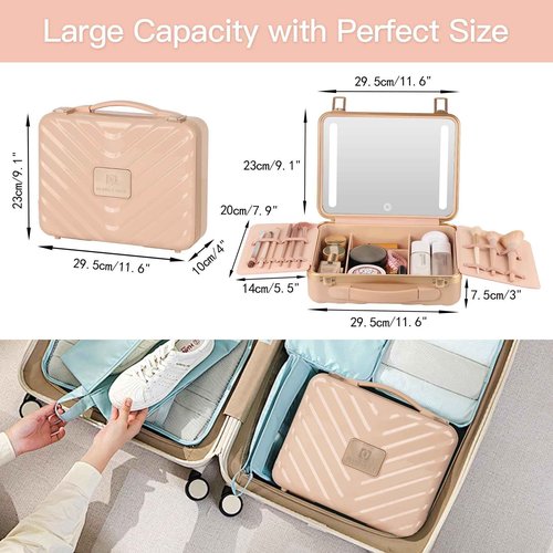 BEAUTY CASE Makeup Case with 4K LED Mirror, 12 Inch Shockproof ABS Hard Shell Cosmetic Organizer Bag, Portable Travel Vanity Box with Aluminum Frame, Snap Buckle, Gift for Women Girls, Pink