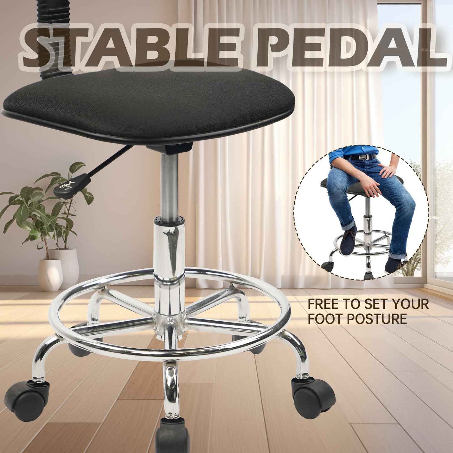 KLASIKA Low Wide Rolling Swivel Stool with Backrest, Adjustable Height Salon Chair Stools with Footrest for Spa Tattoo Office Desk Massage Task Lash Barber Facial, Black 1PK