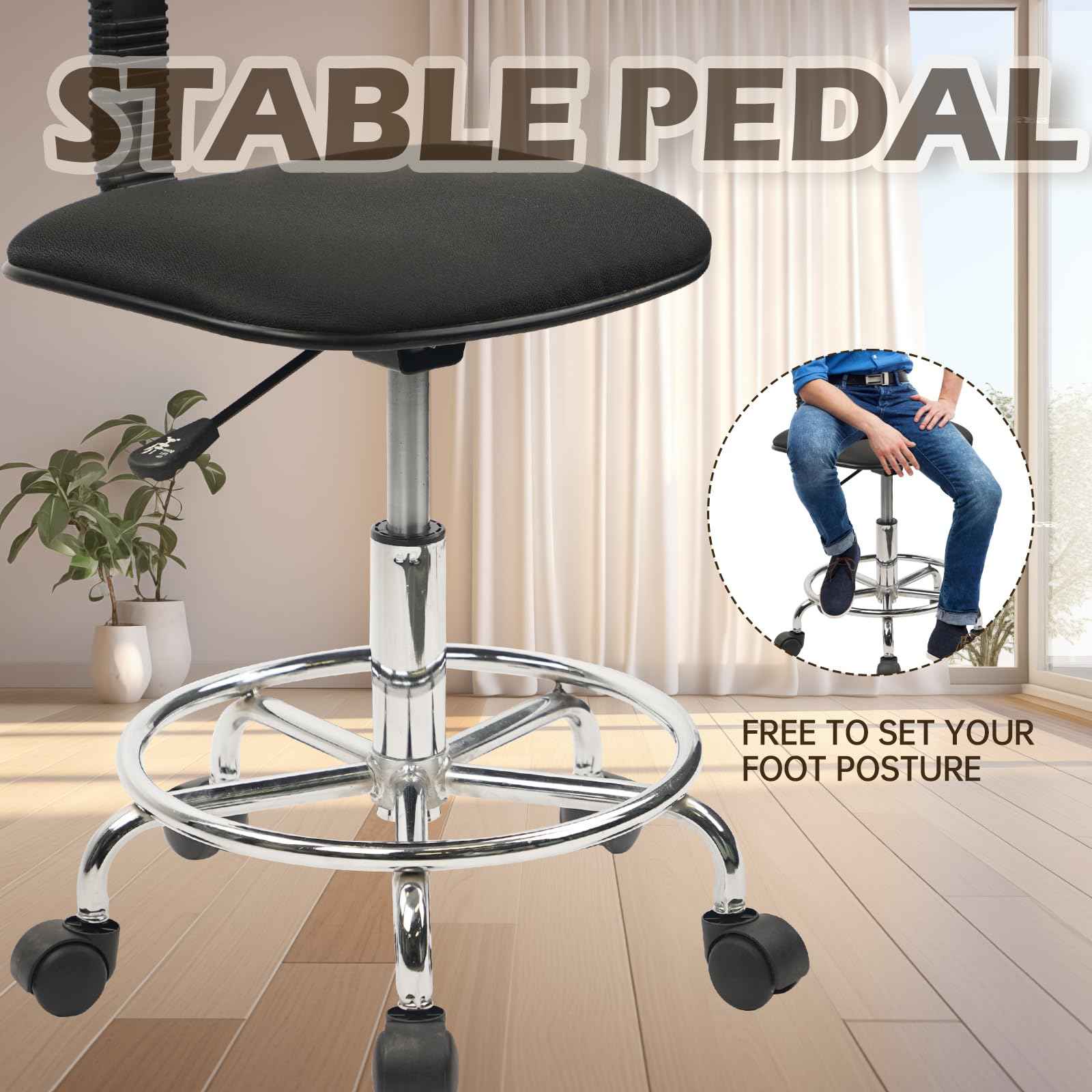 KLASIKA Low Wide Rolling Swivel Stool with Backrest, Adjustable Height Salon Chair Stools with Footrest for Spa Tattoo Office Desk Massage Task Lash Barber Facial, Black 1PK