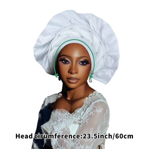 Elegant Polyester African Headscarf-Stretchable Traditional Nigerian Wedding Headpiece, Automatic Gurler Style Fan Headscarf (White)