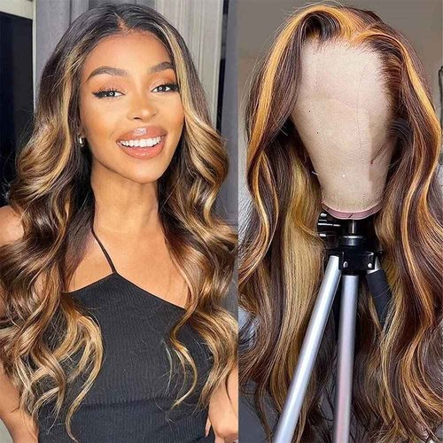 newnavatHoney Blonde Lace Front Wig Human Hair Glueless Wigs Human Hair Pre Plucked 13x4 HD Body Wave Lace Front Wigs 4/27 Colored Highlight Ombre Lace Front Wigs For Black Women Human Hair (28in)