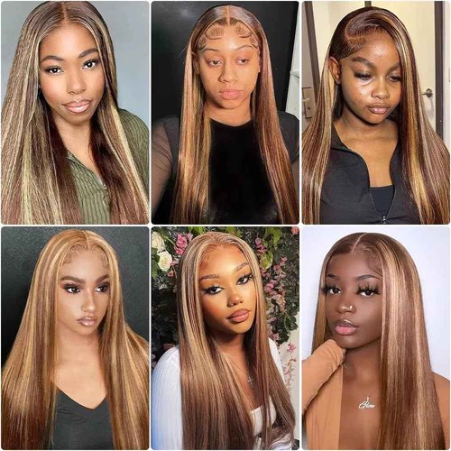 SIFULAN 13x4 Honey Blonde Lace Front Wig Human Hair 180 Density 18 Inch Highlight Ombre Straight HD Transparent Lace Pre Plucked Human Hair Wigs for Women P4/27 Color