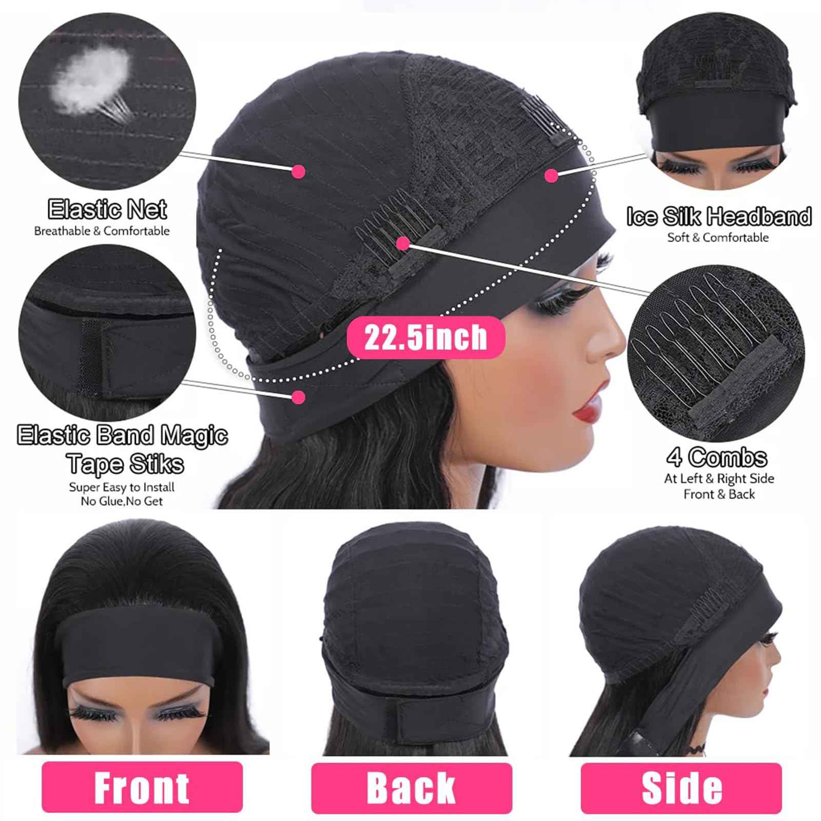 20 Inch Body Wave Human Hair Headband Wig - Half Wigs, Brazilian Glueless, 150% Density, Natural Color