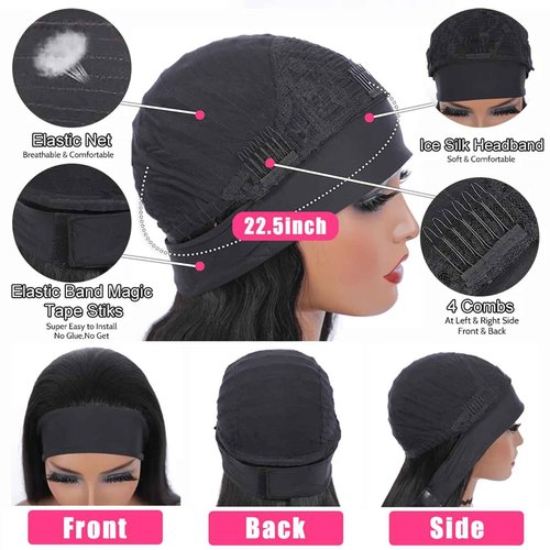 Hertune Human Hair Body Wave Headband Wig, 26 Inch, Black, Glueless, Wavy (loose waves), 21.75 Inch Cap Size