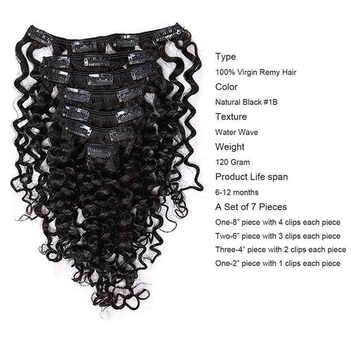 Anrosa Human Curly Hair Natural Black 1B Double Weft Water Wave Curly Clip ins Extensions for Black Women Clip on Wave Hair Extension 22 Inch 120 Gram