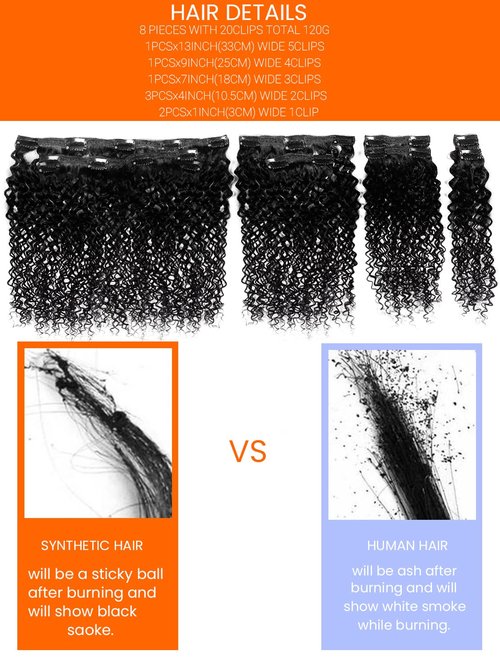 HDENSE Curly Human Hair Clip in Extensions Brazilian Virgin For Women Soft Double Weft Natural Black Color 3B 3C Kinky Curly Clip Ins 8Pcs 4.23oz 16Inch