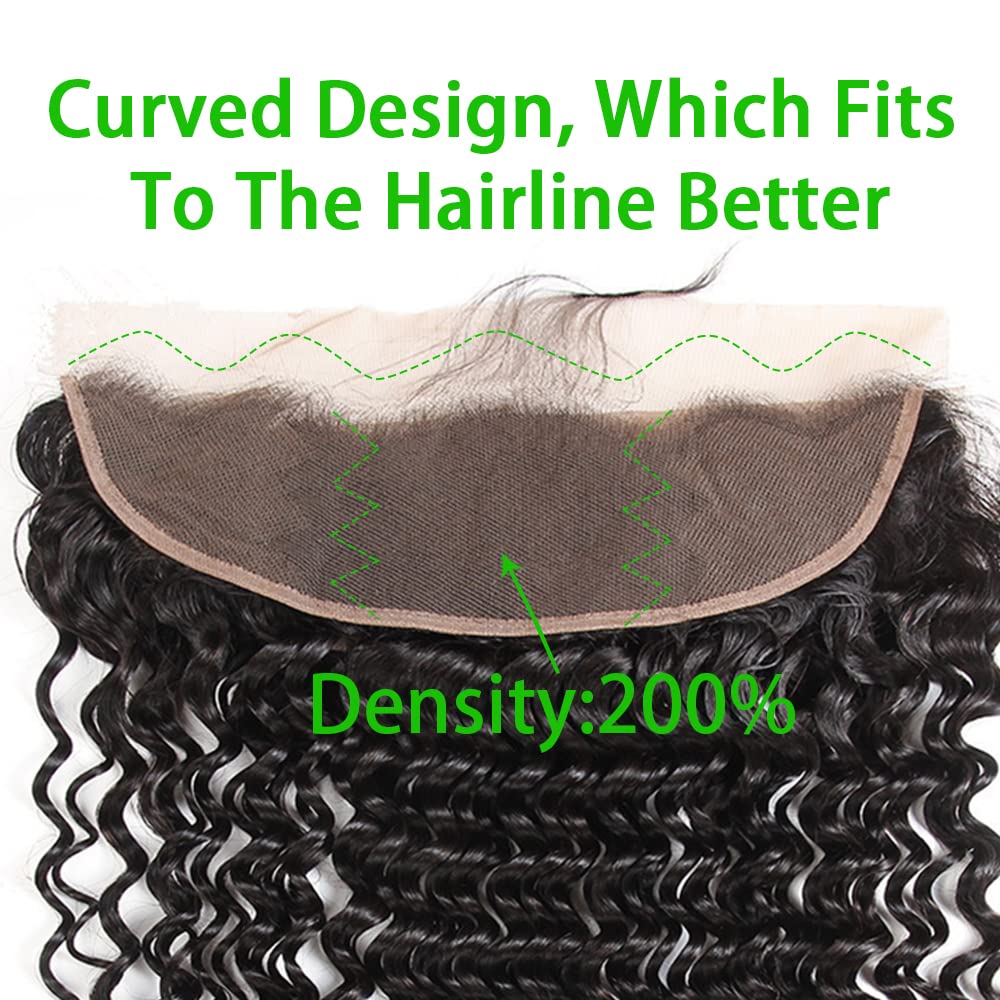 13x4 Lace Frontal Closure Deep Wave Regular HD Lace, 200% Density, 100% Brazilian Virgin Human Hair Ear to Ear HD Lace Frontal Pre Plucked with Baby Hair Natural Black Color 24 Inch